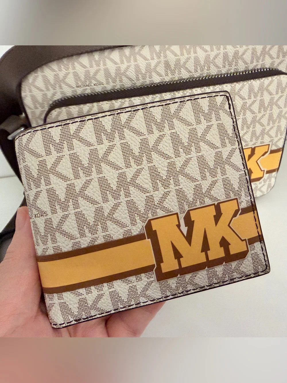 Michael Kors White and Yellow MK Logo Men’s Crossbody and Wallet Set